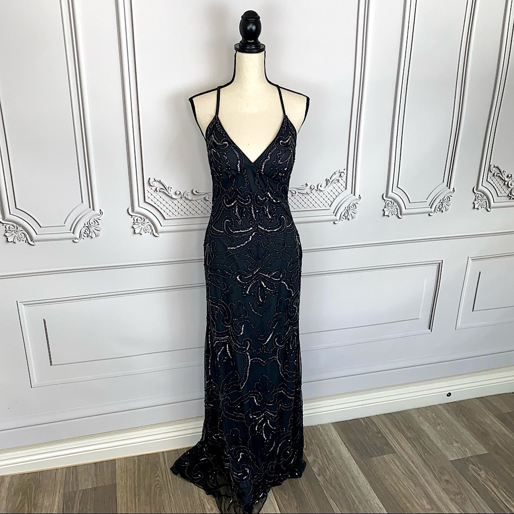 Jump Apparel Black Long Beaded Backless Dress | Size 7/8